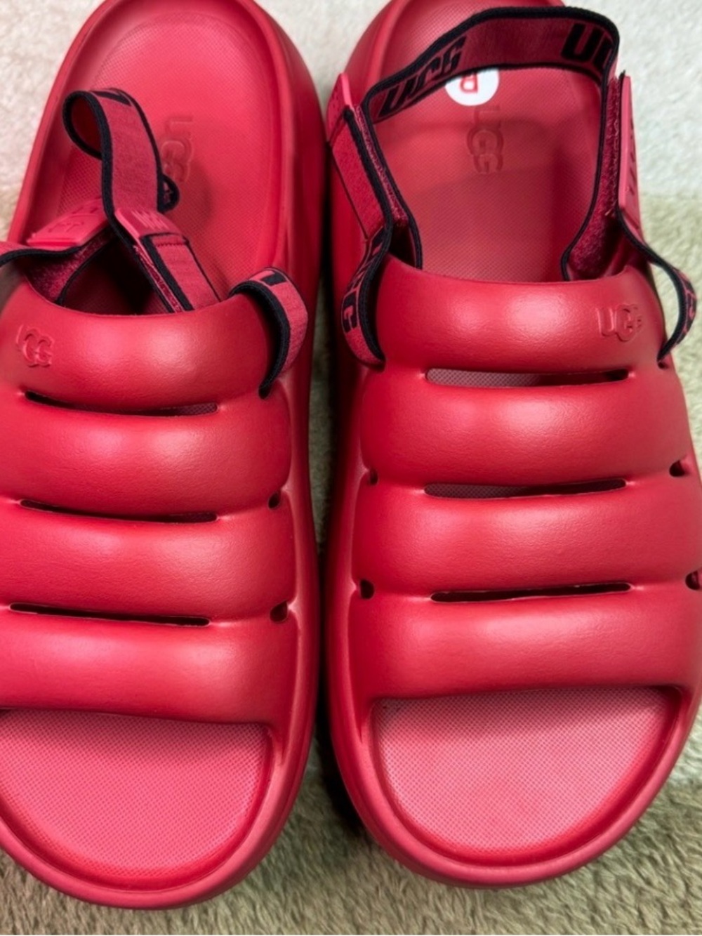 UGG Red Puff Slide with Branded Back Strap